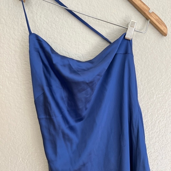 Flirtatious Evenings Blue Satin Asymmetrical Backless Maxi Dress - Picture 5 of 6